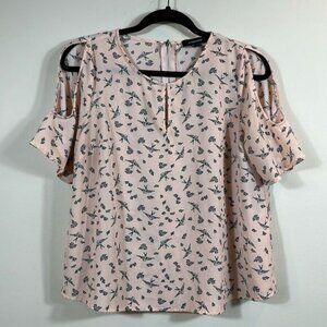 Atmosphere Blush Pink Bird Print Keyhole Cutout Sleeve Women Shirt Top Size 8